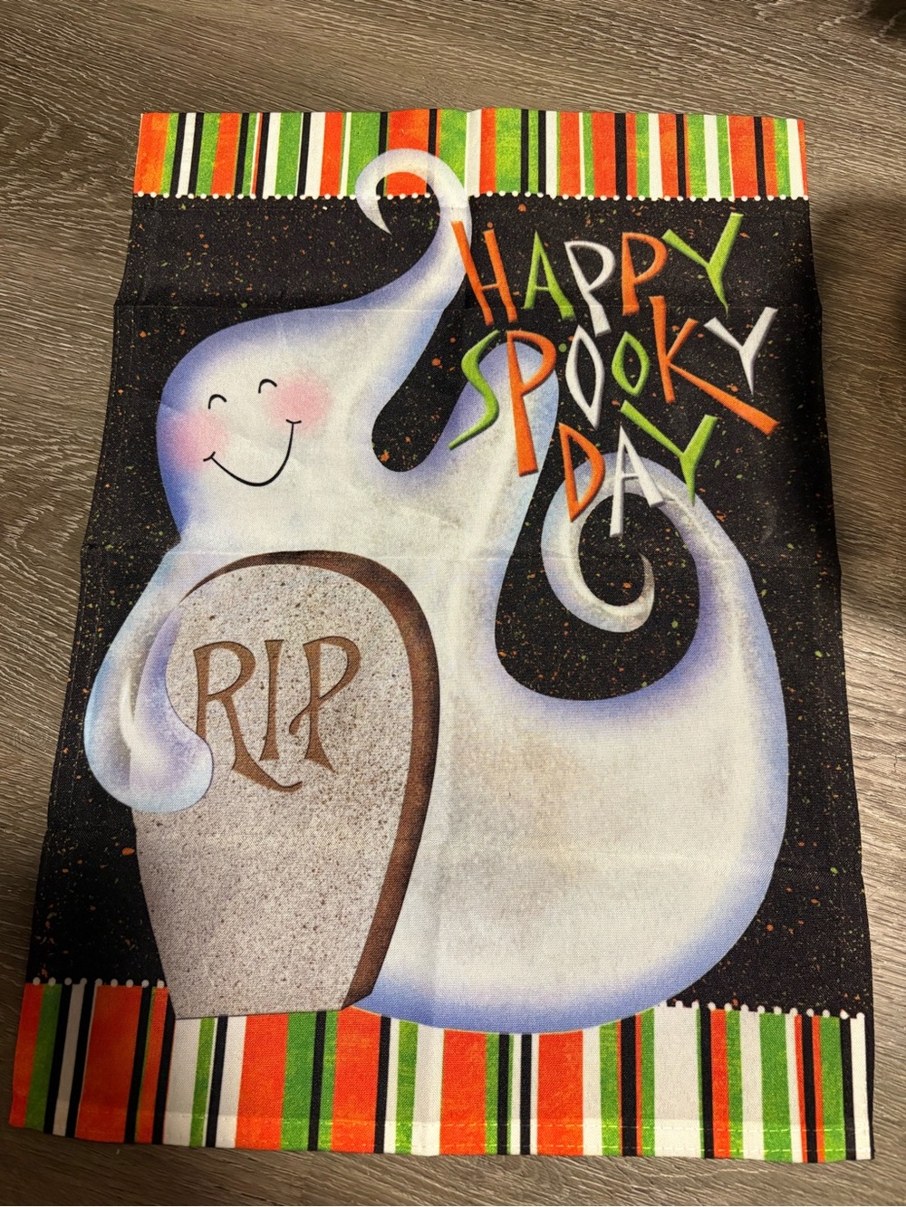 Happy Spooky Day Ghost Garden Flag - Halloween Decor (White, Orange, Green)